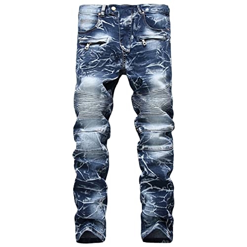 Men's Moto Biker Distressed Jeans Zipper Deco Washed Straight Fit Jean Vintage Casual Slim Stretchy Denim Pants (Blue,30)