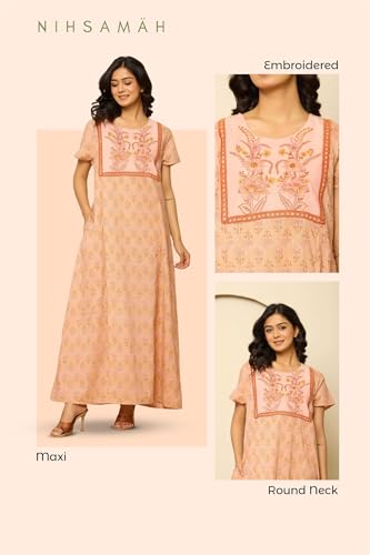 Image of NIHSAMAH Cotton Nighty for Women - Printed Stylish Night Gown, Comfortable Sleepwear Long Nightwear, Maxi