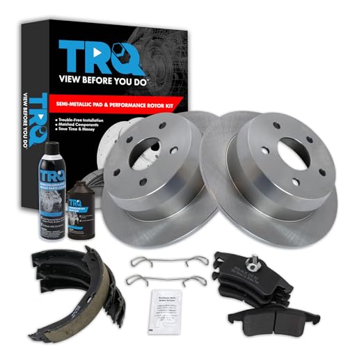 Image of TRQ Rear Brake Pad & Rotor Kit, with Chemical Kit Parking Brake Shoe Set Semi-Metallic Compatible with 1999-2004 Jeep Grand Cherokee