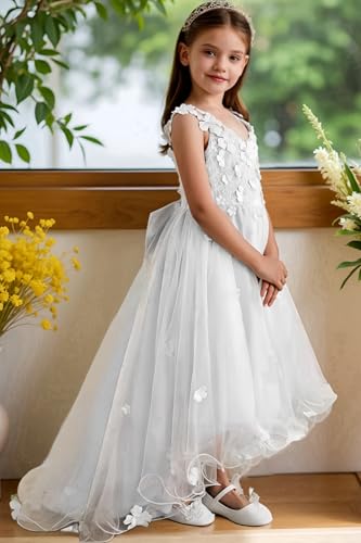 Tulle Flower Girl Dresses for Wedding 3D Lace Bridesmaid First Communion Dress Princess Pageant Party Gown with Bow3