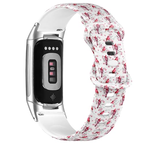 Bracelet Fitbit Charge 6 et 5 en silicone souple au design oiseaux de Noël élégant