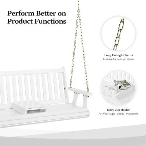 Vingli Heavy Duty 880 Lbs Wooden Patio Porch Swing With Cup Holder, Outdoor Swing Chair Bench With Adjustable Chains For Porch, Yard, Balcony, Tree (5Ft, White) #TOP3