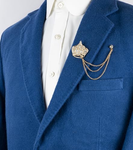Image of Knighthood Gold Studded Crown Brooch with 3-Layer Hanging Chains for Men And Women - Royal Lapel Pin for Suits, Blazers, and Coats