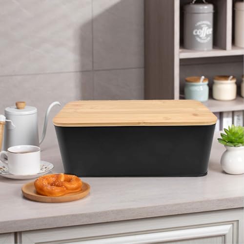 Advokingtap Panera con tapa de tabla de cortar para cocina, caja de pan con orificios de ventilación, acabado mate para decoración moderna de cocina (negro)