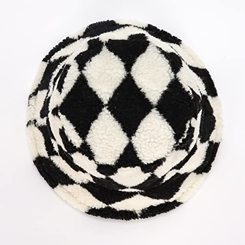 Winter Fur Bucket Hat Warm Lamb Wool Bucket Hat Sherpa Wide Fluffy Furry Checkerboard Bucket Hat #TOP3