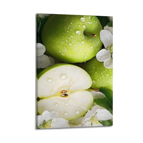 Poster mural artistique fleurs blanches et pommes vertes suspendu 50x75