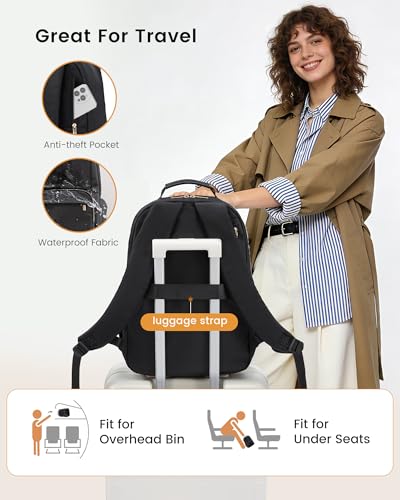 Image of LOVEVOOK Laptop Backpack for Women with Large Capacity Cup Pocket, 18 inch Work Purse Travel Bag for Teacher Nurse, Waterproof Computer Business Back Pack, Bookbag for College, Black
