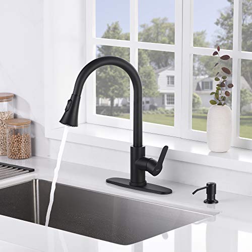 Amazing Force Pull Down Kitchen Faucet With Soap Dispenser Black Kitchen Sink Faucet With Spray Single Handle Kitchen Faucet Utility Sink Matte Black 1.8 Gpm #TOP1
