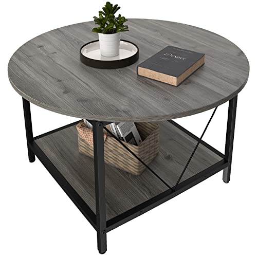 Yitahome Round Coffee Table For Living Room,Rustic Circle Coffee Table With Storage Shelf,2-Tier Industrial Modern Coffee Table Center Table For Living Room Easy To Assemble,Grey #TOP6