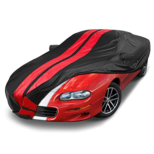 Image of Coverland Custom Car Cover Waterproof All Weather for 1993-2002 Chevy Camaro STD, Z28, SS, Weatherproof Car Covers for Automobiles, Rain, UV Protection, Full Exterior Covers, Stripe(Black /Red)