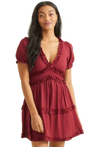 ALTAR'D STATE Women's Short Sleeve Dress, V-Neck Casual Summer and Fall Short Length, Burgundy Dress, Extra Large
