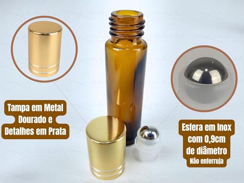 Kit com 20 Frascos Rollon PREMIUM em Vidro Ambar 10ml com Tampa Dourada, Para Óleos Essenciais, Arom