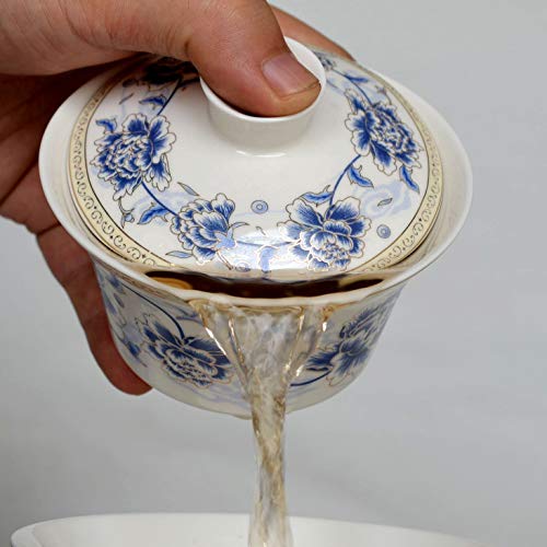 Image of Liang baobao Traditional Gaiwan Tea Set with Lid and Saucer Handmade Ceramic Tea Cup Porcelain Teacups (200ml Blue silk peony)