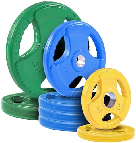 French Fitness Colored Rubber Grip Olympic Plate Set 100 lbs, Commercial Rated, Slotted Grip Handles, Rubber Coated, for Strength Training, Weight Lifting, Durable & Easy Loading