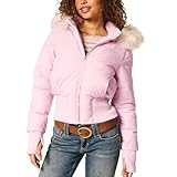 Zoziiee Womens Faux Fur Trim Hooded Jacket Winter Warm Quilted Puffer Bomber Padded Coat Utility Zipper Cropped Outwear (Pink, Medium)