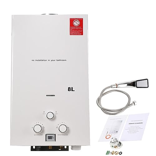 CDZHLTG Chauffe Eau Gaz,8L 16kW GPL Chauffe-Eau Instantané à Gaz Propane pour la Maison et Iextérieur, Instantané Chauffe Bain à Gaz Propane Utilisation pour Cuisine Et Salle De Bain (Blanc)