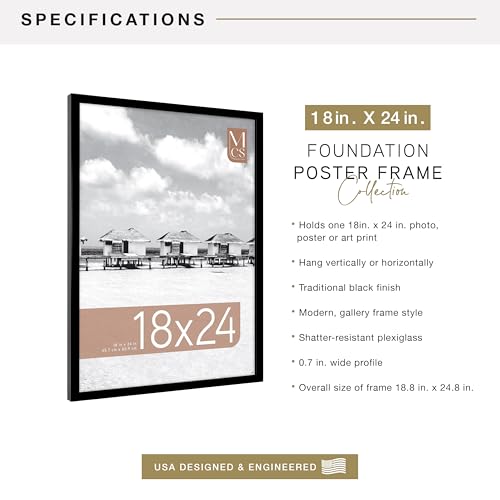 Image of MCS Foundation 18x24 Poster Frame Traditional Black, Vertical & Horizontal Wall Hanging Large Picture Frame for Photos, Posters & Art Prints (1-Pack)