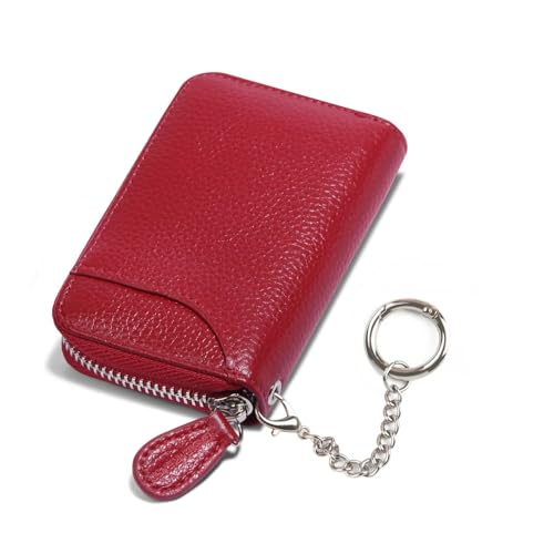 Image of RFID Blocking Leather Wallet Excellent Genuine Leather Credit Card Holder Ladies Small Blocked Accordion Wallets with Stainless steel Zipper Compact Accordian ID Cards Bag with Keyring Wine Red
