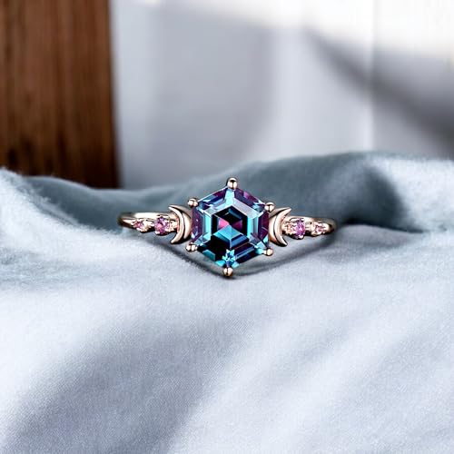 Alexandrite Engagement Ring for Women - Hexagon Cut Alexandrite with Amethyst Accents - Rose Gold Plated Celestial Moon & Star Ring - Vintage Handmade Jewelry Gift for Anniversary, Birthday, Wedding2