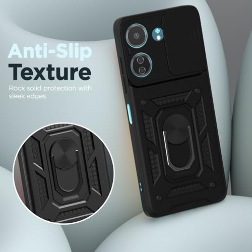 Image of Outlouders Back Cover for Redmi 13C 4G / Poco C65 | D10 Tough Armor 360 Protection Case with Sliding Camera Shield & Ring Holder Stand Bumper Case (Black)