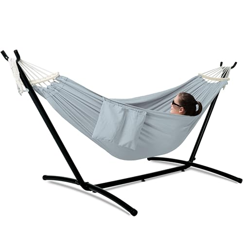 Image of GAFETE Double Hammocks with Stand for Outside, Max 600lbs, (Light Gray) | Upgraded Spreader Bar, 9FT Heavy Duty & Space Saving Stand, Easy Assemble, Convenient Side Pocket, Indoor & Outdoor, Patio