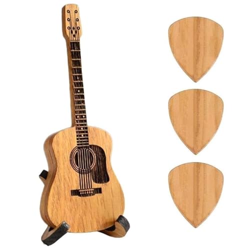 Wooden Guitar Pick Box with Stand - 3PCS Unique Guitar Picks,Mini Storage Box for Guitarists,Musician Engraved Wooden Plectrum Case,Acoustic Guitar Box for Electric Bass Guitar Ukulele Lover