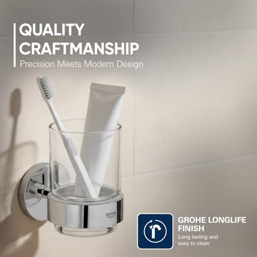 Image of GROHE Essentials Crystal Glass with Holder| Premium Glass & Durable Metal Construction| Chrome Finish | Wall-Mounted | Toothbrush & Accessory Organizer | 2 Year Warranty | 40447001