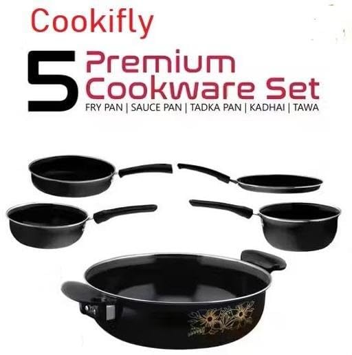 Image of 5 Piece Cast Iron Induction Non Stick Cookware Set Kadai Fry Pan Tawa Saucepan Tadka Pan Kitchen Durable Use Black Free Size