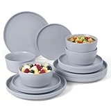 Jiwoo Geschirrset 4 Personen 12 tlg. Tafelservice Modernes Bone China Schüssel- Dessertteller -und Teller Set, Hochwertiges Geschirr Set, Mikrowellen- und Spülmaschinenfest