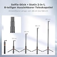 K&F CONCEPT 168 cm Selfie-Stick, 2-in-1Selfie Stick Stativ für Actionkamera – Ansicht 2