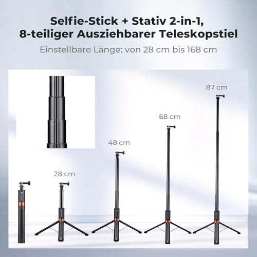 K&F CONCEPT 168 cm Selfie-Stick, 2-in-1Selfie Stick Stativ für Actionkamera – Ansicht 2