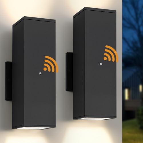 Image of Dusk to Dawn Outdoor Lighting, LED Porch Light Up Down Exterior Wall Sconce | Bulb Incl., Aluminum, Square Black Exterior Lighting Fixtures, IP65 Waterproof Sensor Outside House Lights for Garage, 2-Pack