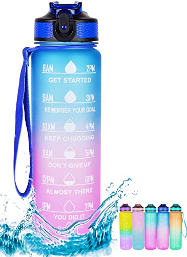 Botella de agua deportiva [Tritán sin BPA] 1L a prueba de fugas, botella de agua deportiva para bicicleta, camping, yoga, gimnasio, niños, ácido carbónico (degradado azul rosa) Cover
