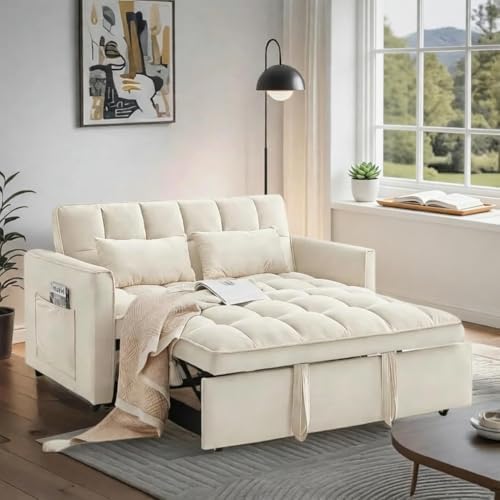Trygoal Sleeper Sofa Bed with Adjustable Backrest & Side Pockets, White