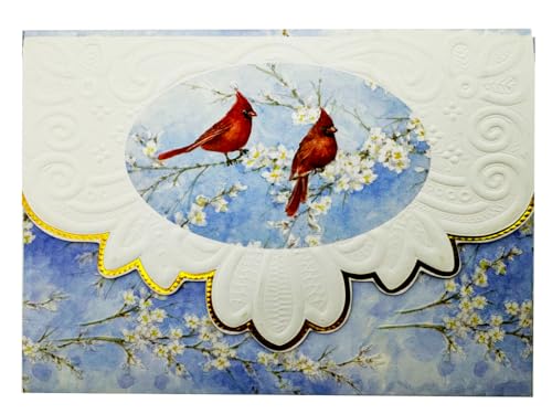 Image of Poster Foundry Set of 3 - Red Cardinals on blue Boxed Note Cards by Carol Wilson. 10 embossed 4x5 Die-Cut Notecards and Matching Envelopes in Decorative Gift Box with Magnetic Flap. NCP2700