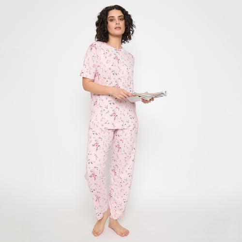 Image of CAMEY Women's Printed Pyjama Set, Short Sleeve T-Shirt and Trousers, Women Nightsuit, Loungewear Sets