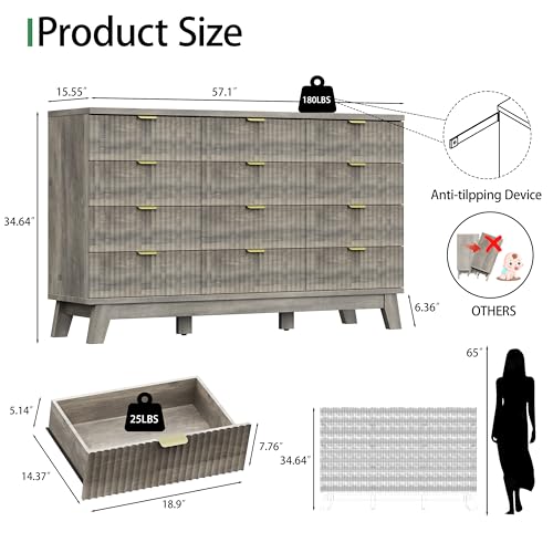 Image of Xixini Fluted Dresser for Bedroom with 12 Drawers, 57 inch Wide Modern Chest of Drawers with Metal Handle, Wooden Dresser TV Stand, Wood Closet Clothes Storage Organizer for Living Room, Hallway, Grey