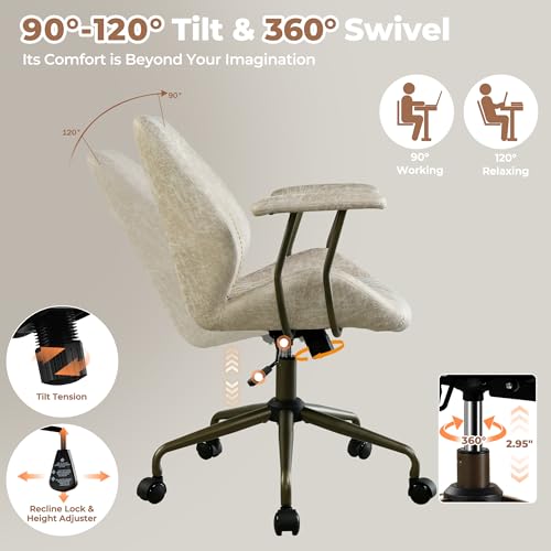Image of ovios Ergonomic Office Chair, Mid Back Faux Leather Executive Chairs with Armrests, Comfy Mid-Century Modern Swivel Rolling Computer Armchair (Beige, Suede Leather)