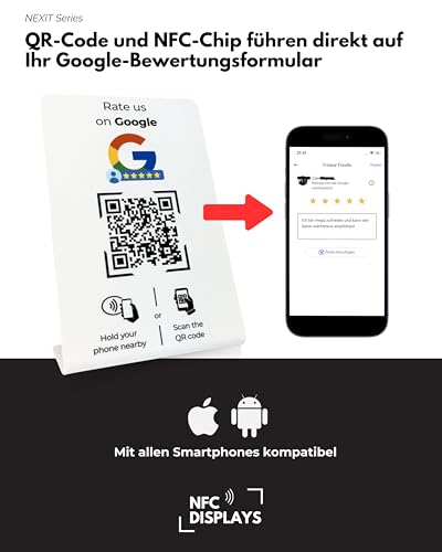 Aufsteller für Google Bewertungen mit QR-Code und NFC-Chip (Englisch) 16,5 x 10,5 cm - weiß