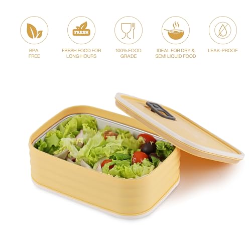 Image of CELLO Fresh Pack Large Stainless Steel Insulated Lunch Box for Office & Daily Use, Mango Yellow | Food Grade, Microwave Safe Airtight Hot Case Tiffin Meal Snacks Lunch Box for Kids, Travel & Picnic