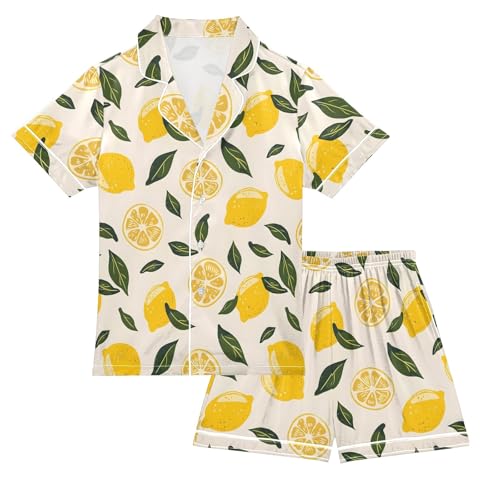 Cartoon Cute Lemon Paint Summer Satin Pajama Set, Cute Button-Down Sleepwear Pj Set for Sleep Wears