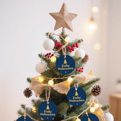 G2PLUS 5.5CM Frohe Weihnachten Geschenkanhänger aus Papier: 100 Stk Blau Weihnachtsgeschenkanhänger mit Tannenbaum, Dekorativ Etiketten mit Schnur für Geschenk, Weihnachten Deko