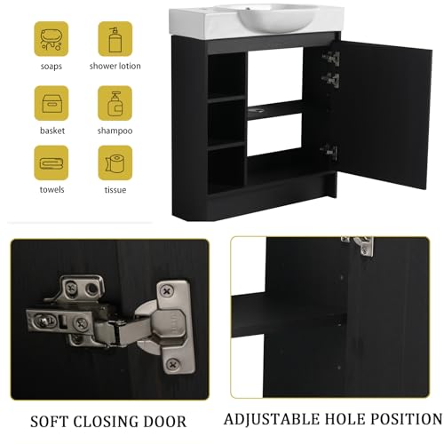 Image of 30 inch Freestanding Bathroom Vanity with Integrated Ceramic Sink, Floor Mount Bathroom Cabinet with 3 Open Shelves & Soft Close Door, Modern Small Bath Vanity Set, Easy to Clean, Dark Oak