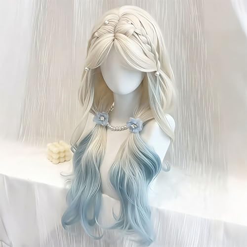 Wennier 【Shuai Bingbing】 Women's Platinum Gradient Blue Wig with Middle