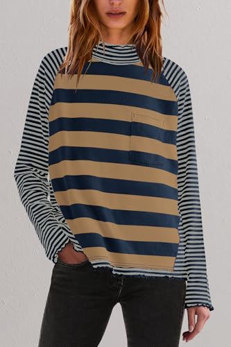 Panadila Womens Long Sleeve Striped Shirts Turtleneck Raglan Shirt Cute Color Block Tunic Tops Loose Pullover Top3