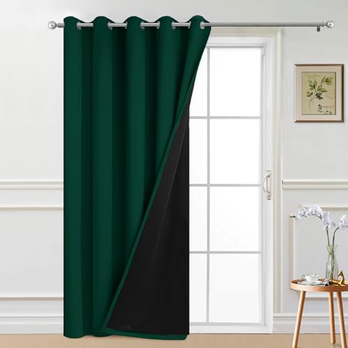 Image of Yakamok Dark Green Blackout Patio Door Curtain Panels W70 x L84, 1 Panel | Noise Reducing Barrier Panel for Sliding Glass Door, 2 Thick Layers Heat Full Light Blocking Patio Door Drapery