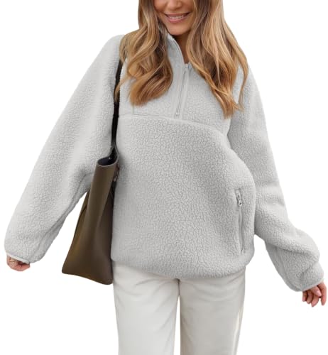 LASLULU Womens Half Zip Pullover Sherpa Fleece Jacket,Light Grey,Medium