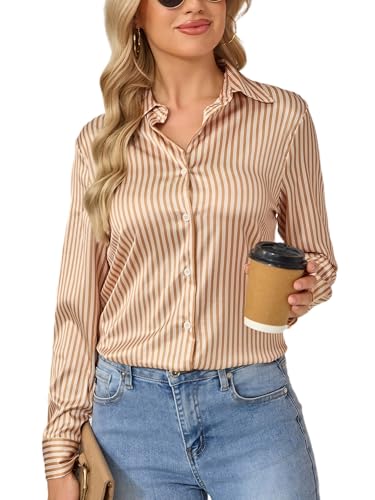 Image of Premium Soft Breathable Stretch Satin Silk Button Down Shirts for Women Long Sleeve Leopard Blouses Work Dress Tops