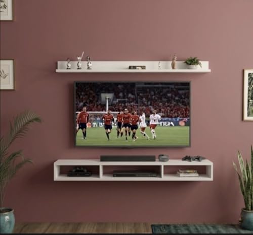 Image of Bros Moon Wall Mounted TV Cabinet, Frosty White, Laminated Finish, for Living Room, Suits TV up to 40 Inches (Frosty White, Parallel Roof Top 32 Inches)
