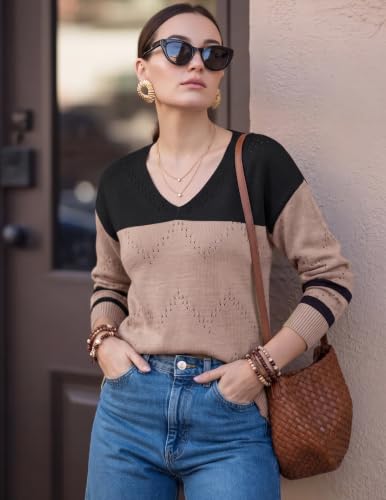 Image of Zeagoo Womens Sweaters Fall Trendy Casual Long Sleeve Shirt Lightweight V Neck Off Shoulder Crochet Pullover Top Outfit